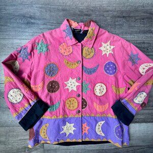 Silver Stream Jacket Coat Cotton Quilted Art Teacher Moon Stars Whimsical Lined
